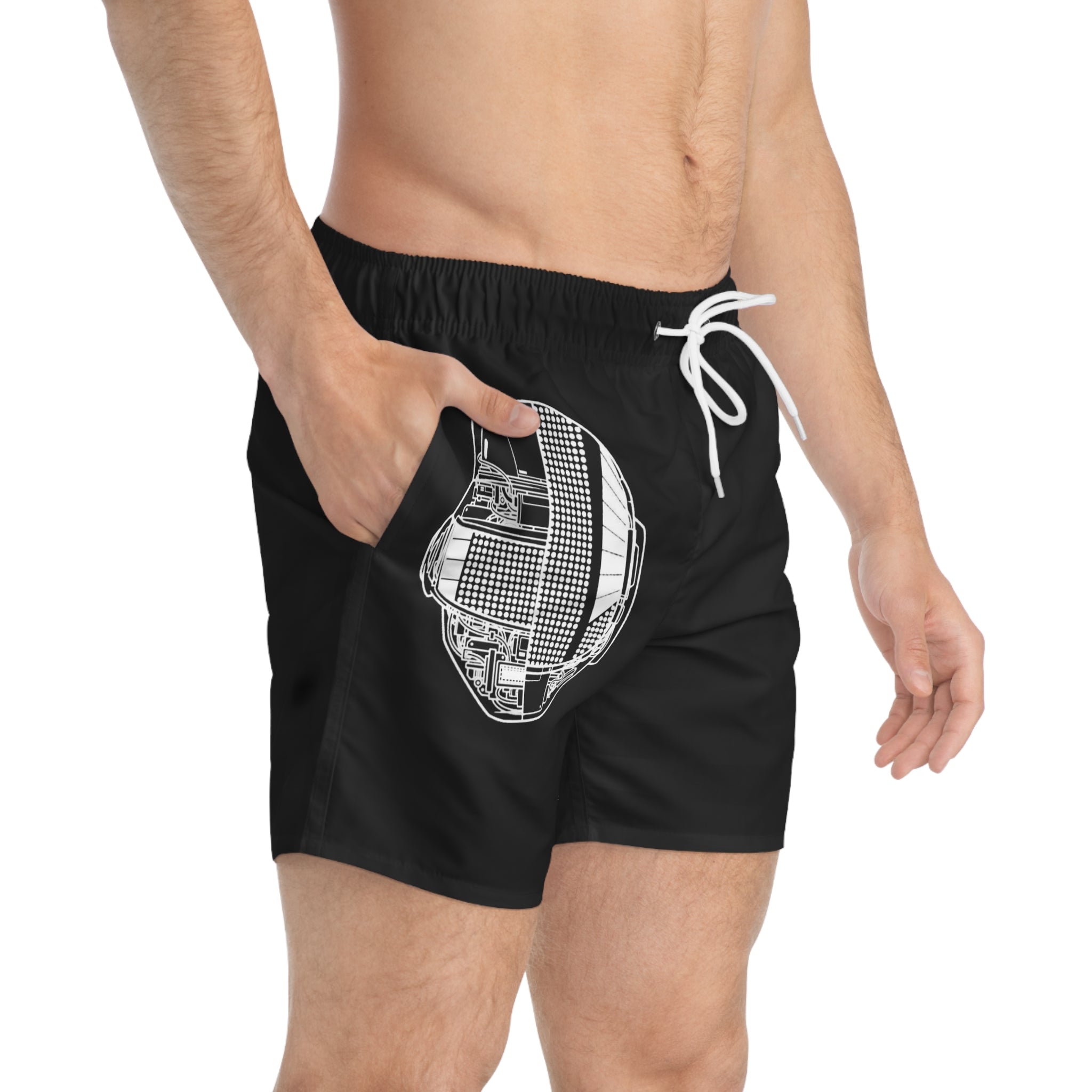 Black Swim Trunks with White Technical Helmet Graphic — Men's Beach Shorts