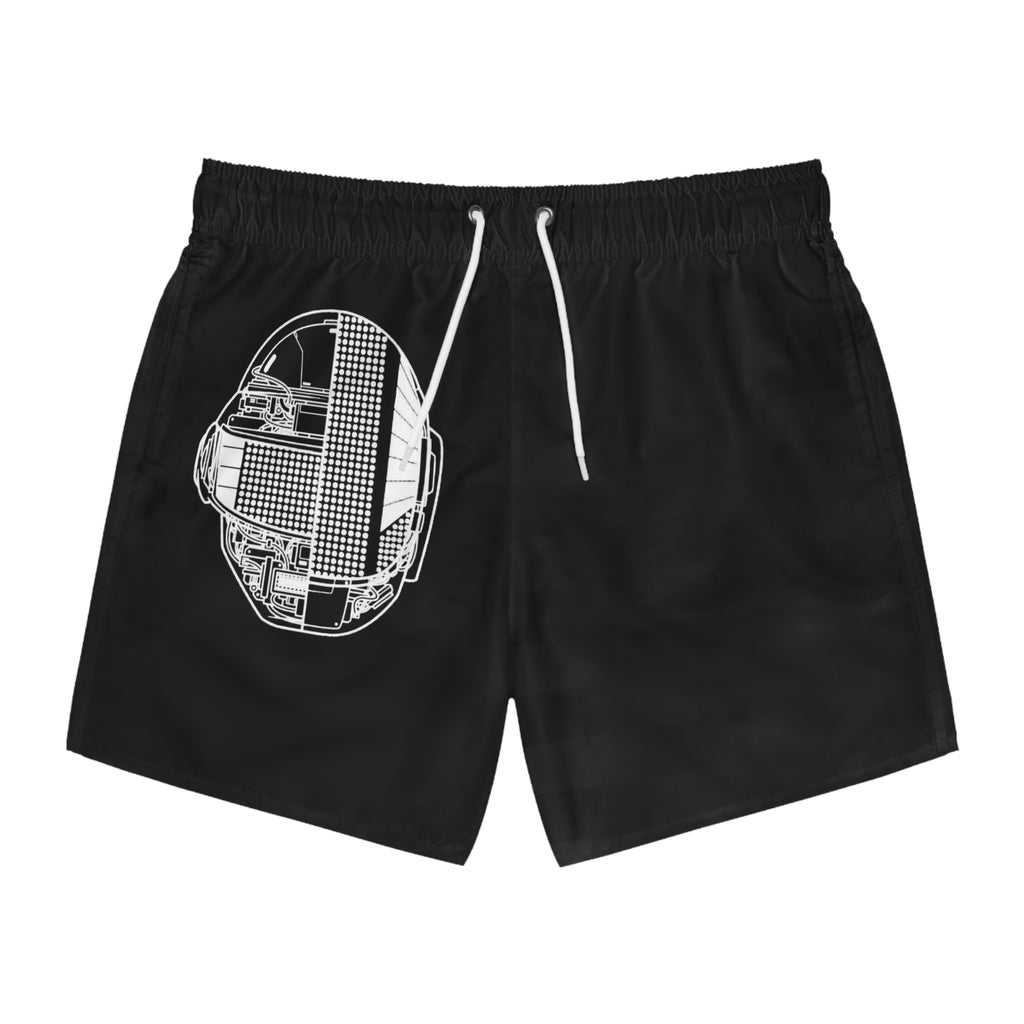 Black Swim Trunks with White Technical Helmet Graphic — Men's Beach Shorts