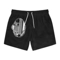 Black Swim Trunks with White Technical Helmet Graphic — Men's Beach Shorts