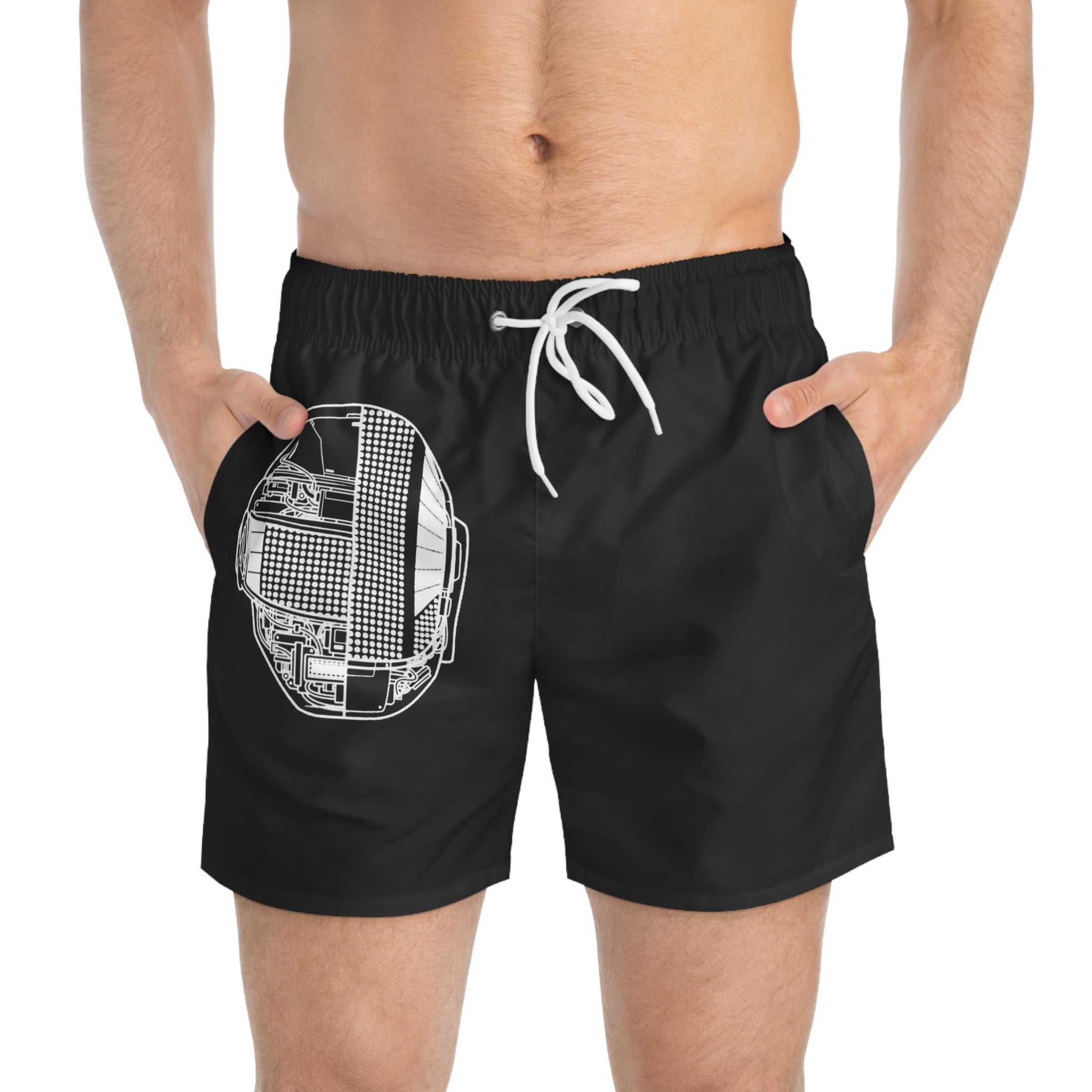 Black Swim Trunks with White Technical Helmet Graphic — Men's Beach Shorts