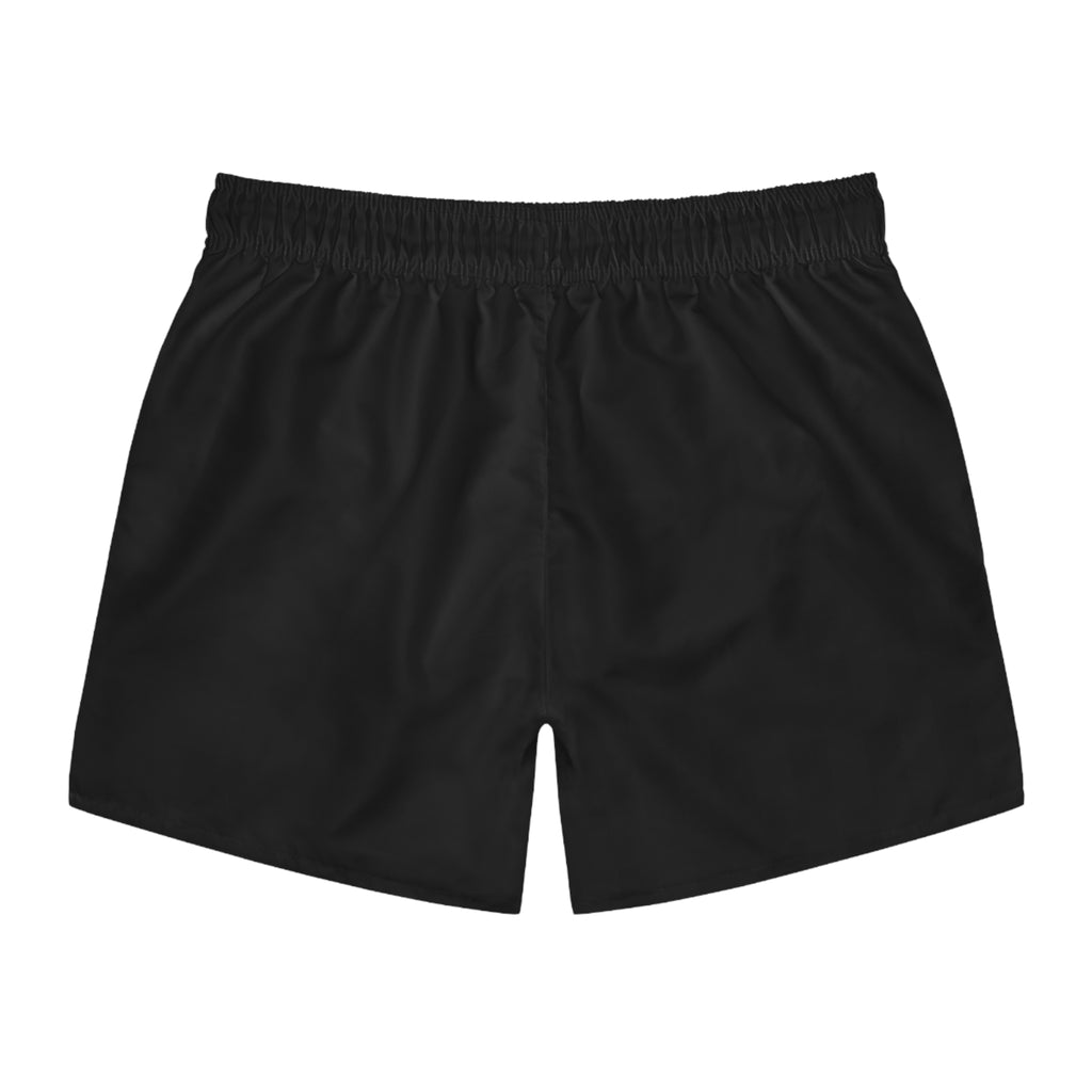 Black Swim Trunks with White Technical Helmet Graphic — Men's Beach Shorts
